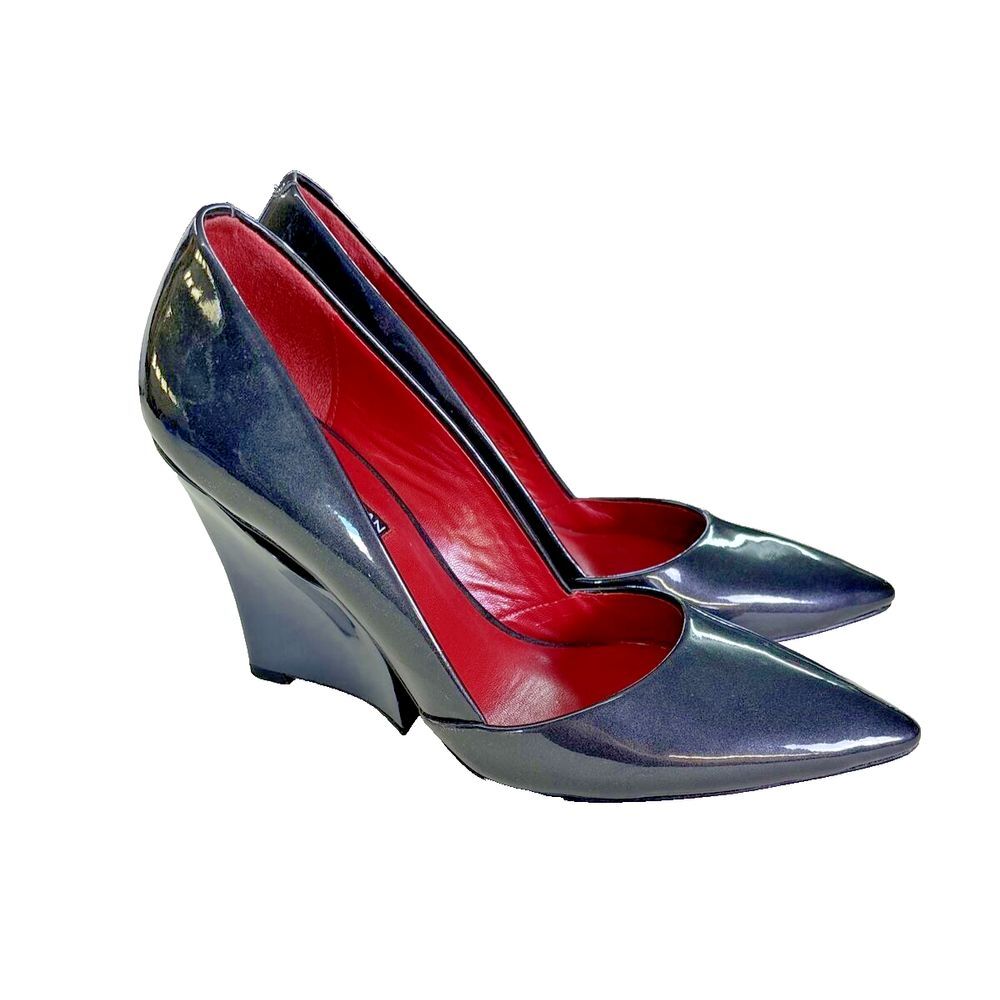 Charles Jourdan Paris‎ Women's Shoes Sz 7.5 Patent Leather Gray Black Wedge Heel